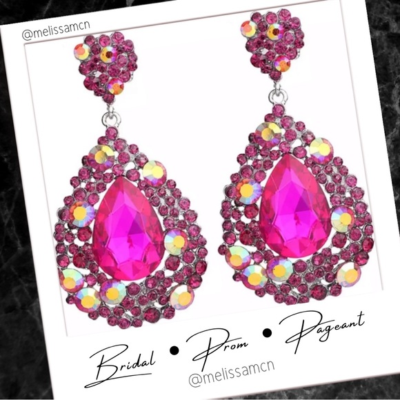 Fuchsia Pink Austrian Crystal Chandelier Earrings Prom Pageant Formal - Picture 5 of 7